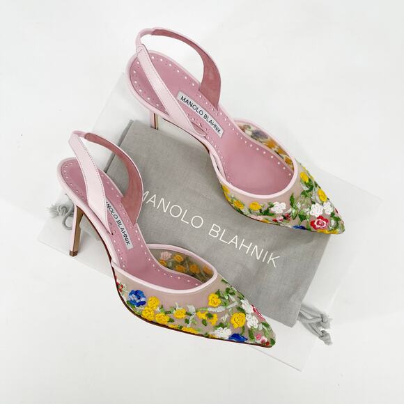 Manolo Blahnik Shoes - Manolo Blahnik Jardoline Pink Floral Embroidered Mesh Slingback Heels IT 36